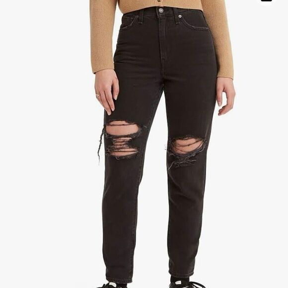Levi’s Black Distressed High Waist Tapered Leg Mom Jeans NWT Size 25W 27L - Picture 1 of 7